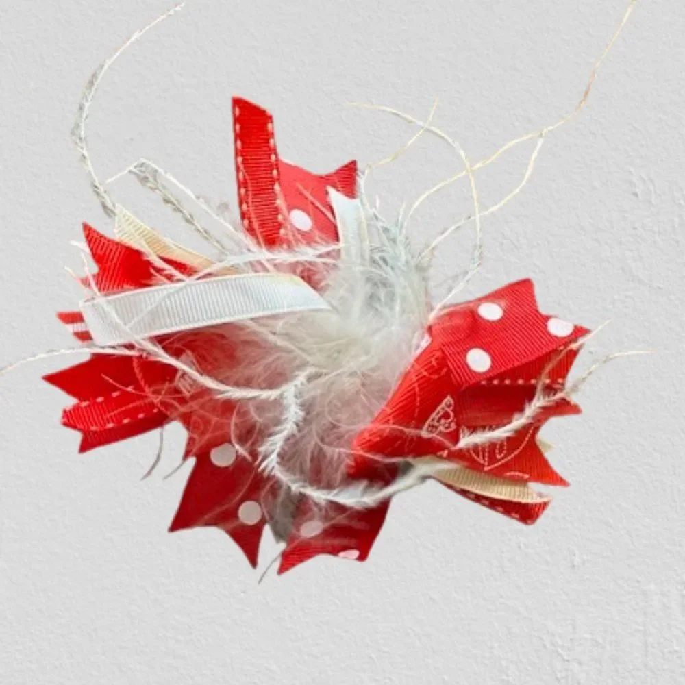 Red Hearts Feather Deluxe Bow  5B4519  Handmade NWT